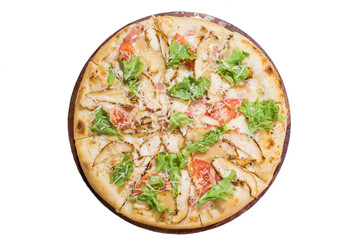 Caesar pizza on wooden plate isolated on white background