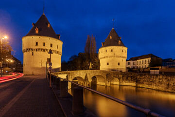 Fototapeta na wymiar Broeltorens (Broeltowers) at night in Kortrijk, Belgium