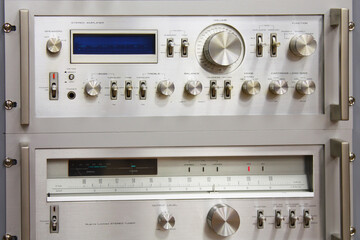 analog audio hi-end stereo amplifier, quartz stereo tuner, stereo cassette tape desk