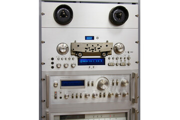 analog audio hi-end stereo amplifier, quartz stereo tuner, stereo cassette tape desk