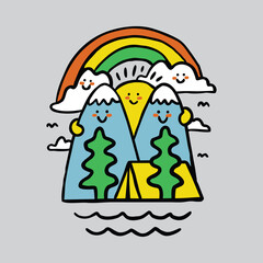 Camping nature adventure wild line badge patch pin graphic illustration vector art t-shirt design