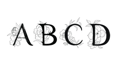 Letter of the alphabet. Botanical letters. Alphabet. Botanical flower. Black and white vector illustration.