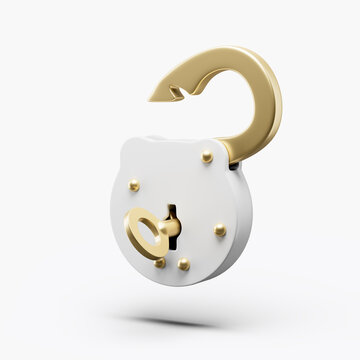 Padlock icon retro with key simple unlocked with gold parts 3d illustration on white background. minimal concept. 3d rendering