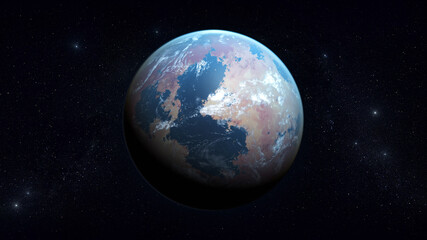 Fictional planet in space, super Earth with clouds, blue reflection on surface