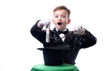 Magician kid illusionist boy in hat. costume illusion isolated white background