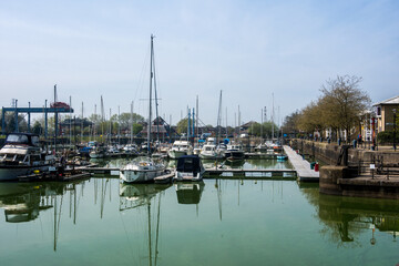 Fototapeta na wymiar Boats moored at Preston Marina, Lancashire, UK.