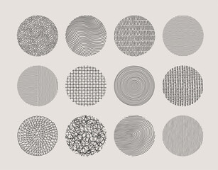 Round abstract black patterns, curved lines, scribbles, wavy backgrounds. Design elements.