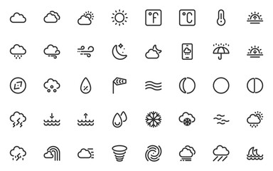 set of weather line icons, cloud, temperature, season, rainy, sunny