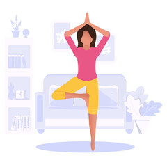 A woman practices yoga at home in an apartment. The yoga pose is called "tree". The concept of prevention and healthy lifestyle. Flat. Cartoon style. Vector