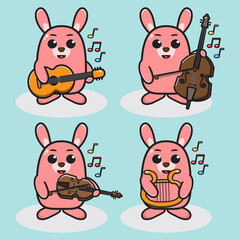 Vector illustration of cute Rabbit Music cartoon set. Good for icon, logo, label, sticker, clipart.