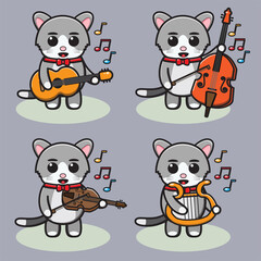 Vector illustration of cute Little Cat   Music cartoon set. Good for icon, logo, label, sticker, clipart.