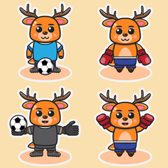 Obraz premium Vector illustration of cute Little Deer Boxing and Football cartoon set. Cute Little Deer expression character design bundle. Good for icon, logo, label, sticker, clipart.