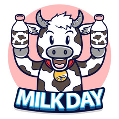 happy world milk day with cow holding milk bottle illustration