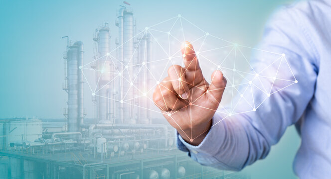 Business industrial technology creative idea network connection conceptual, Hand touching networking factory plant background.