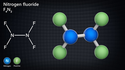 Nitrogen fluoride (dinitrogen tetrafluoride or tetrafluorohydrazine). Formula: F4N2. 3D illustration. Chemical structure model: Ball and Stick.