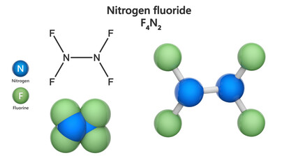 Nitrogen fluoride (dinitrogen tetrafluoride or tetrafluorohydrazine). Formula: F4N2. 3D illustration. Chemical structure model: Ball and Stick + Space-Filling. Isolated on white background.