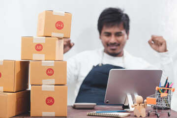 SME entrepreneurs use smartphones to contact customers Work from home to fulfill customer orders through online business websites. Parcel delivery concept
