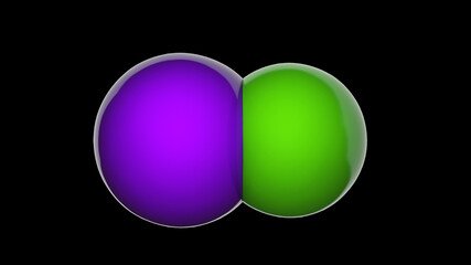 Iodine monochloride is an interhalogen compound with the formula ICl or ClI. 3D illustration. Chemical structure model: Space-Filling. Isolated on black background.