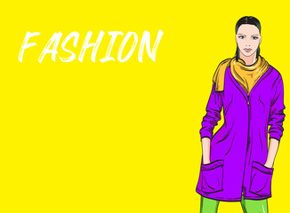 Beautiful young woman in spring jacket. Hand drawn fashion girl. Fashion model posing. Sketch. Vector illustration. Fashion woman look. Sketch.