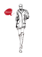 Beautiful young woman in spring jacket. Hand drawn fashion girl. Fashion model posing. Sketch. Vector illustration. Fashion woman look. Sketch.