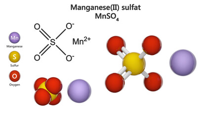 Manganese(II) sulfate, formula MnSO4 or MnO4S. 3D illustration. Chemical structure model: Ball and Stick + Space-Filling. White background.