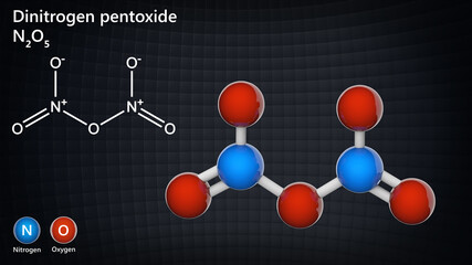Dinitrogen pentoxide (nitrogen pentoxide). Formula N2O5. Other names: Nitric anhydride, Nitronium nitrate. 3D illustration. Chemical structure model: Ball and Stick.