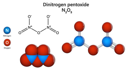 Dinitrogen pentoxide (nitrogen pentoxide). Formula N2O5. Other names: Nitric anhydride, Nitronium nitrate. 3D illustration. Chemical structure model: Ball and Stick + Space-Filling. White background.