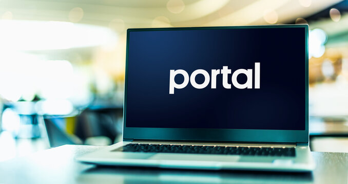 Laptop computer displaying logo of Portal