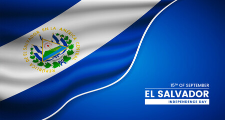 Abstract independence day of El Salvador background with elegant fabric flag and typographic illustration - obrazy, fototapety, plakaty