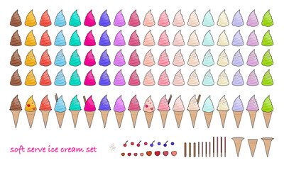 カラフルなソフトクリームセット ベクターイラスト 線あり