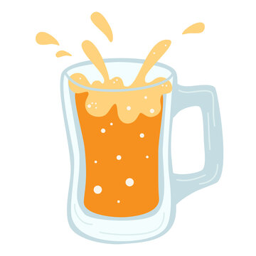 Glass of beer. Vector beer. Good for illustrating the pub menu. A cold drink on a hot day. Flat cartoon vector illustration.