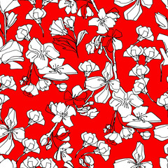 Pattern with sakura buds, apple cherry blossom. Medicinal herbs, rapeseed. Beautiful hand-drawn graphics. For textile, wallpaper, design, paper, banner. Stock graphics, isolate.  - 432492245
