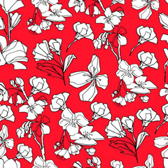 Pattern with sakura buds, apple cherry blossom. Medicinal herbs, rapeseed. Beautiful hand-drawn graphics. For textile, wallpaper, design, paper, banner. Stock graphics, isolate.  - 432492458