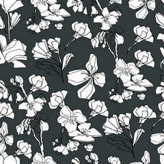 Pattern with sakura buds, apple cherry blossom. Medicinal herbs, rapeseed. Beautiful hand-drawn graphics. For textile, wallpaper, design, paper, banner. Stock graphics, isolate.  - 432492483
