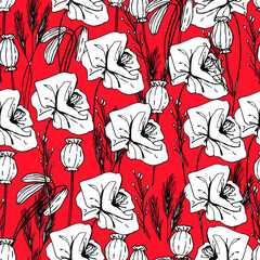 Summer pattern with wildflowers, dried flowers. Poppy, poppy box, medicinal herbs, spikelet. Beautiful hand-drawn graphics. For textile, wallpaper, design, paper, banner. Stock graphics, isolate.  - 432492600