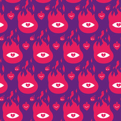 Hand drawn repeat background with Burning Eyes and herts. Contemporary modern trendy vector seamless pattern