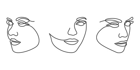 Vector set of continuous line drawing woman face.