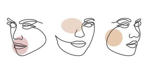 Vector set of continuous line drawing woman face.