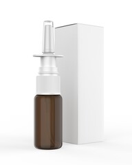 Blank Refillable Plastic Nasal Pump Spray Bottle With paper box Packaging For Mockup And Branding. 3d render illustration. 