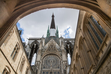 Saint Maclou church in Rouen city, France, view from street arch