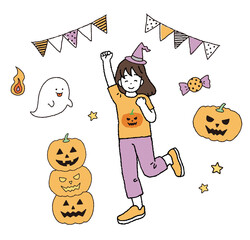 ハロウィンパーティーで楽しそうな女の子のイラストレーション