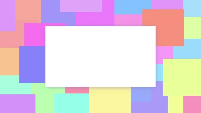 Colourful squares background, stop motion animation with blank white box and copy space