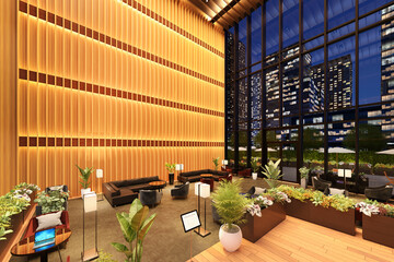 シックでモダンな夜のラウンジスペースの3Dレンダリンググラフィックス / シェアラウンジ・コワーキングスペースのコンセプトイメージ