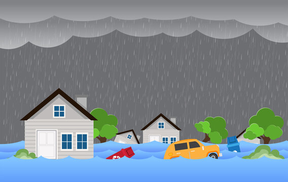 Flood Natural Disaster With House, Heavy Rain And Storm , Damage With Home, Flooding Water In City