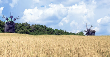 Fototapeta na wymiar Windmill. Landscape with mill field of ripe rye