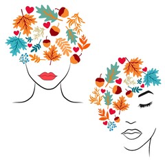 Woman silhouette face with leaves art illustration