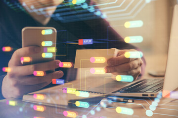 Multi exposure of man's hands holding and using a digital device and data theme drawing. Innovation concept.