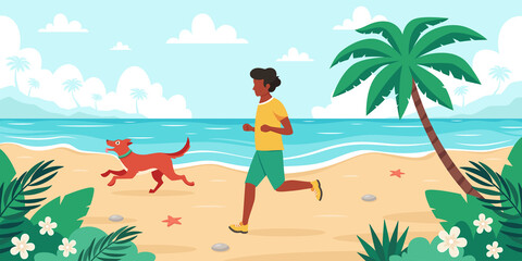 Leisure time on beach. Black man jogging with dog. Summer time. Vector illustration