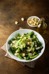 Healthy green salad with bread croutons