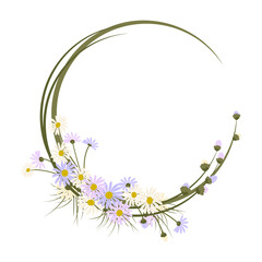 Daisy wreath. Round frame, cute purple and white flowers chamomile with yellow hearts. Festive decorations for wedding, holiday, postcard, poster and design